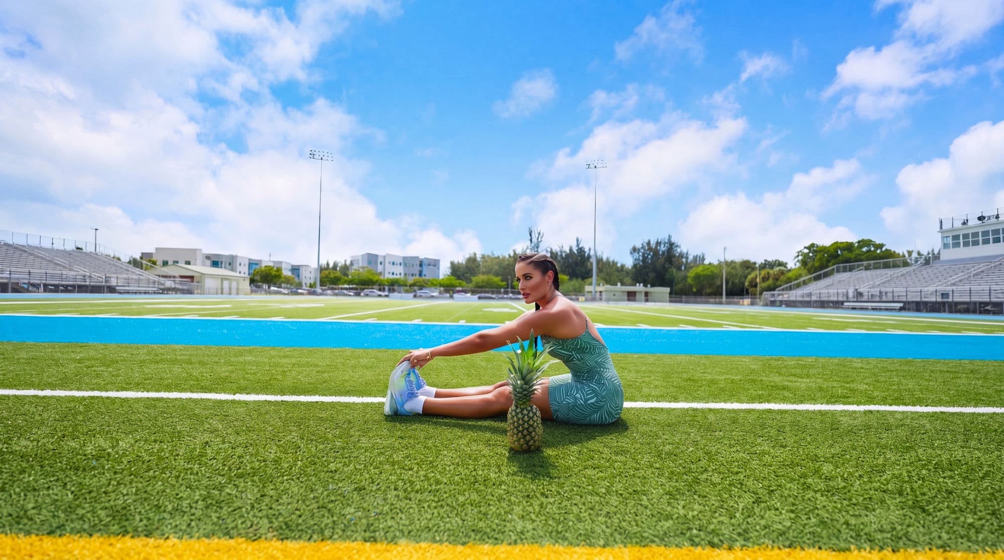 Charlotte in a palm-print romper stretching toward her sneaker beside a pineapple on a sunlit blue-and-green football field under a bright sky