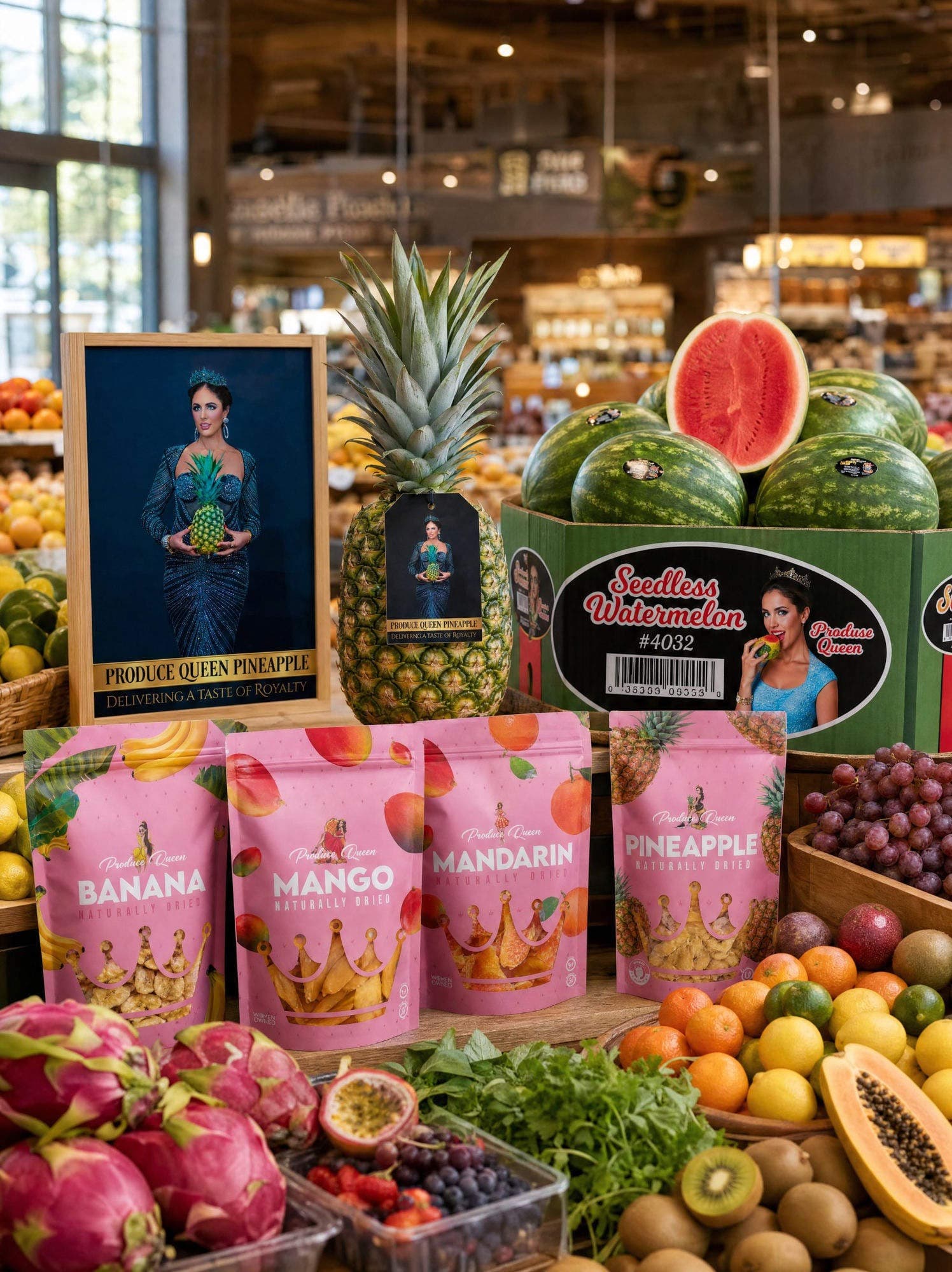 A Produce Queen market display — naturally dried Banana, Mango, Mandarin and Pineapple pouches with fresh produce, a branded pineapple and seedless watermelon