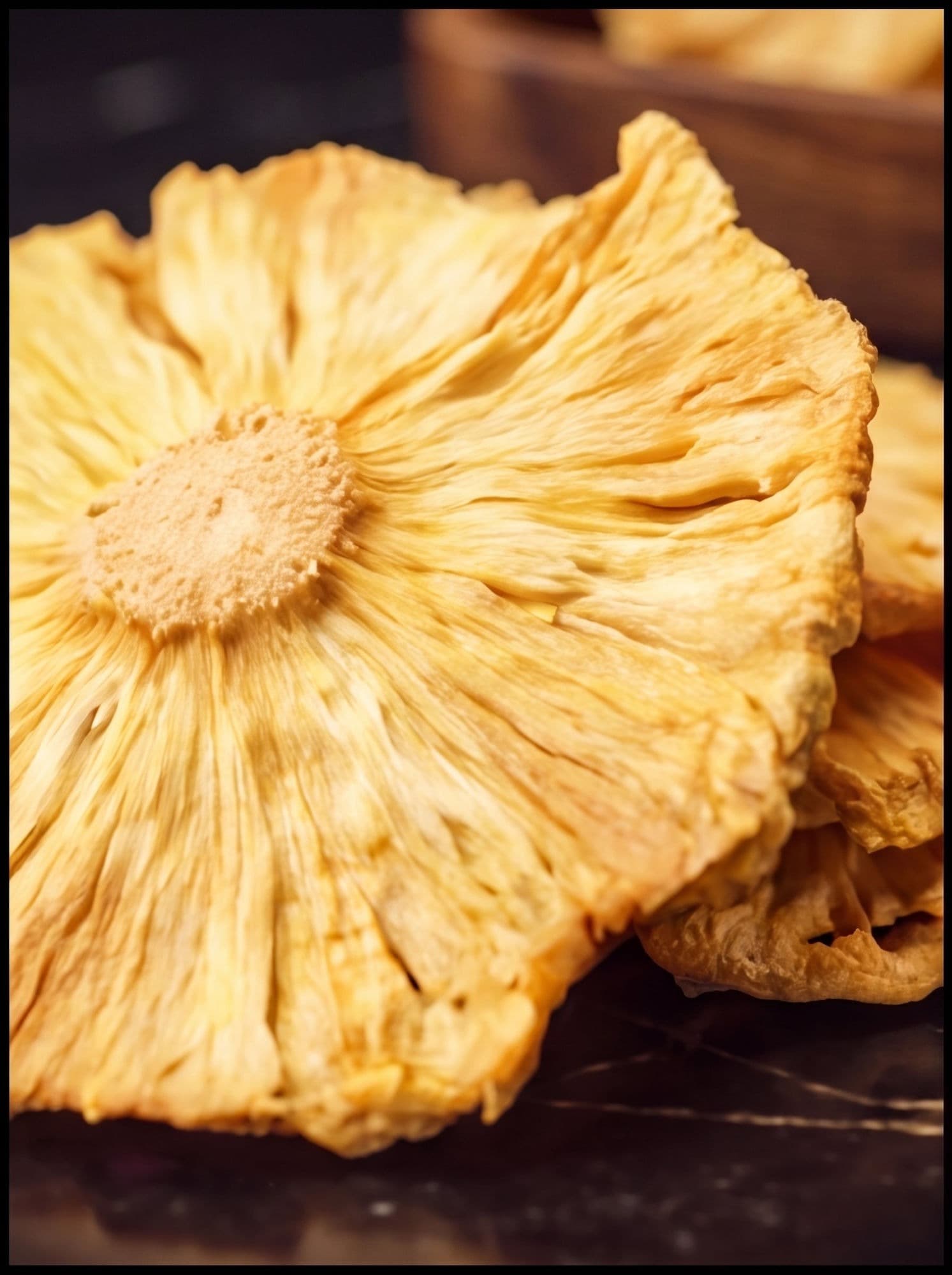 A close-up of golden naturally dried pineapple rings