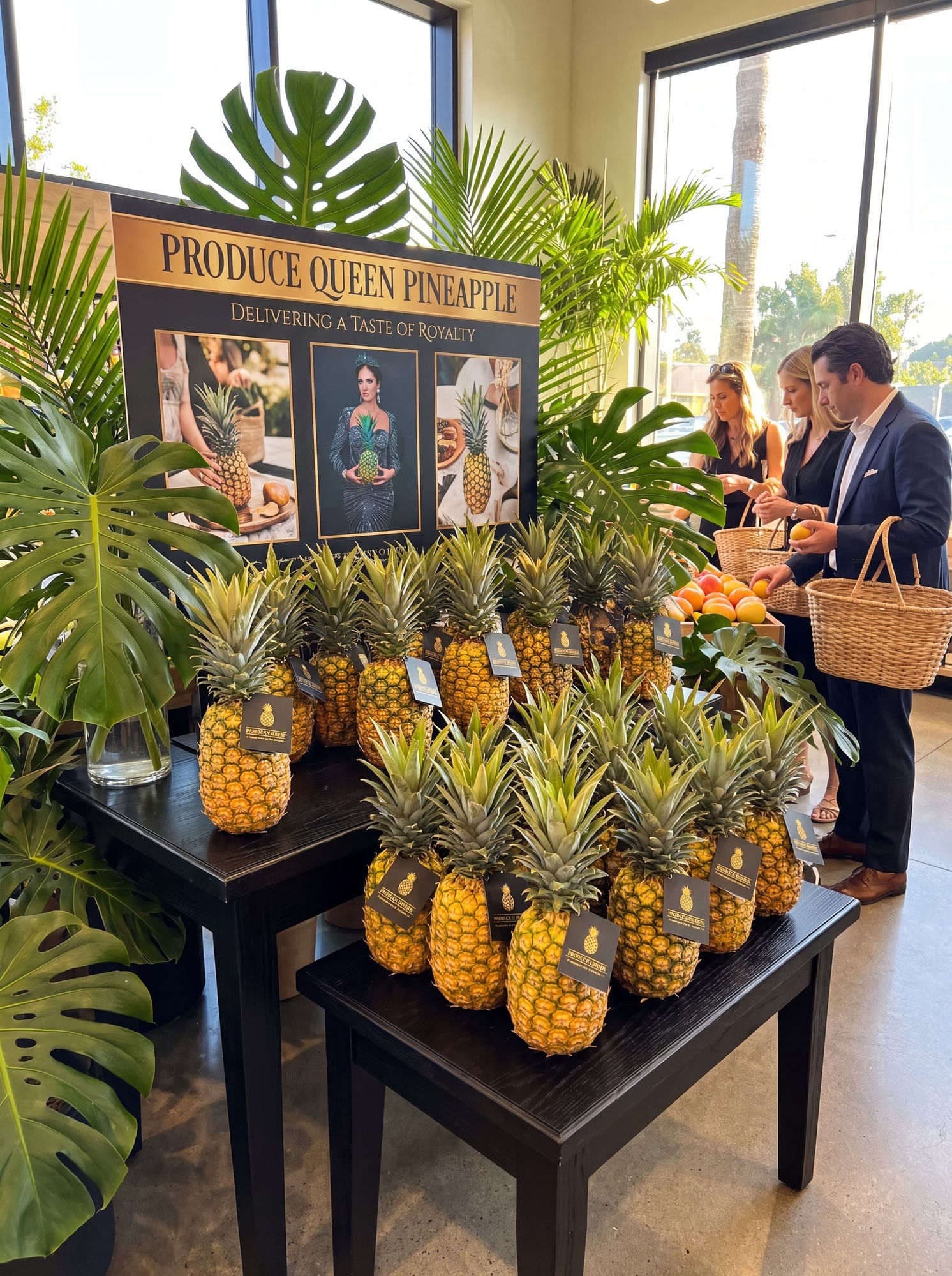 A Produce Queen Pineapple retail display with shoppers filling market baskets