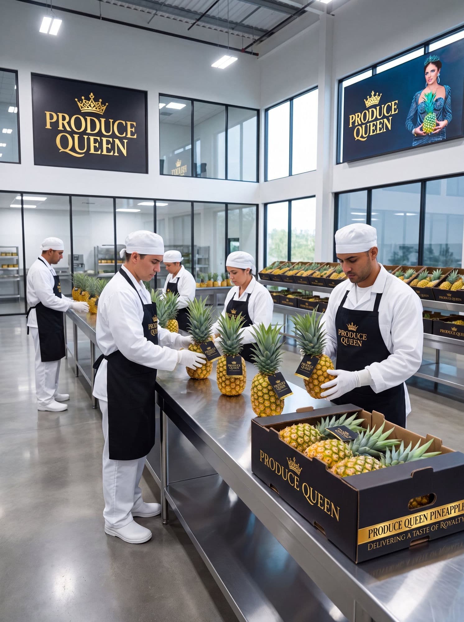 Workers tagging pineapples in the Produce Queen packing facility beneath the gold crown logo