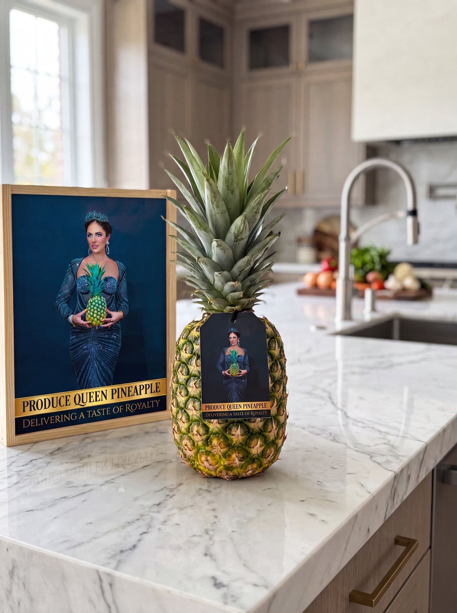 A Produce Queen pineapple with a 'Delivering a Taste of Royalty' hangtag on a marble kitchen counter