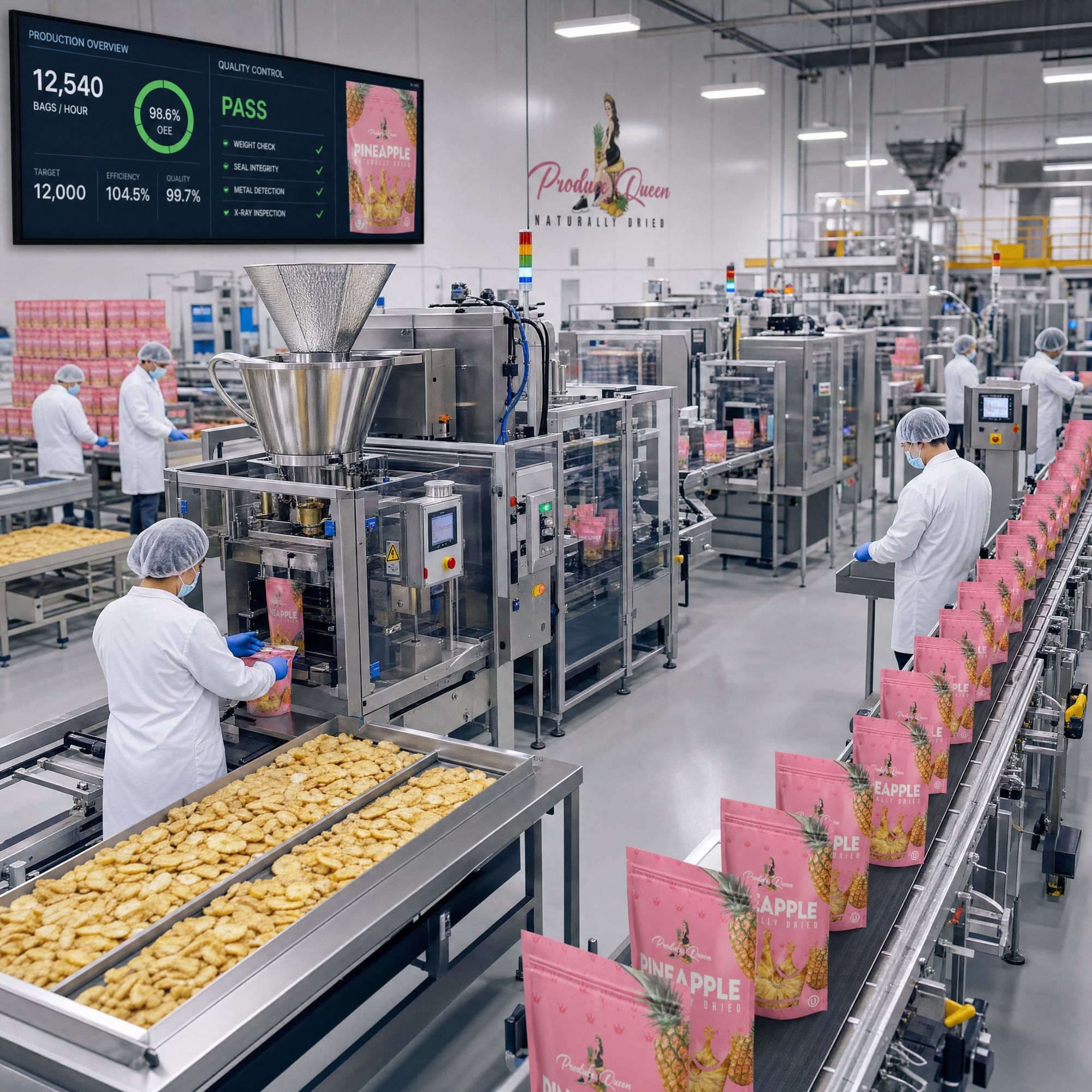 The Produce Queen naturally dried pineapple production line, with workers packing pink pouches and a quality-control dashboard reading 98.6% OEE