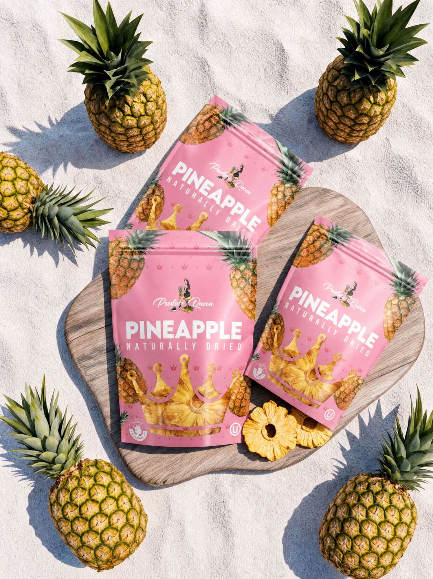 Three pink Produce Queen pineapple pouches arranged on a wooden board with fresh pineapples on pale sand