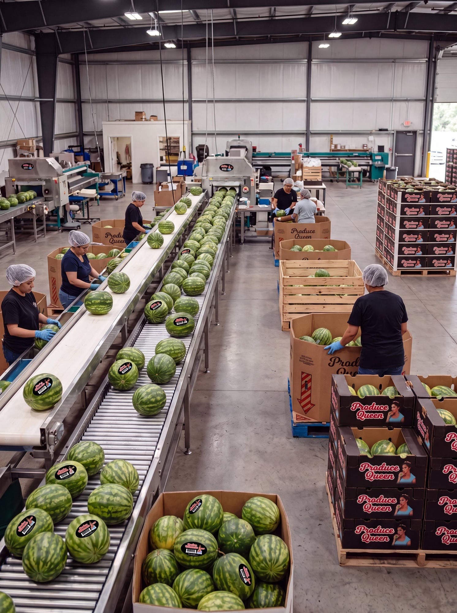 The Produce Queen watermelon packing facility — workers sorting melons along a conveyor into branded boxes
