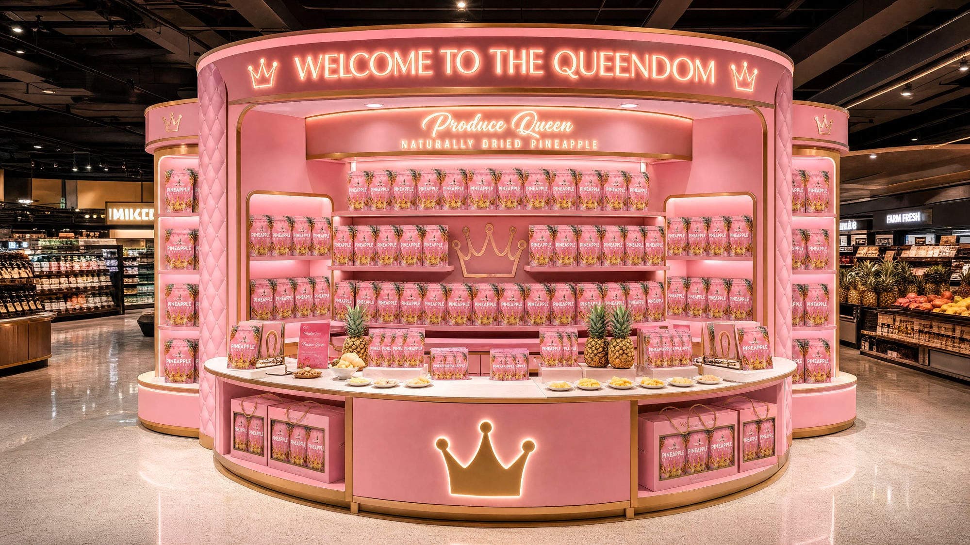 The pink Produce Queen 'Welcome to the Queendom' retail display of naturally dried pineapple in a grocery store