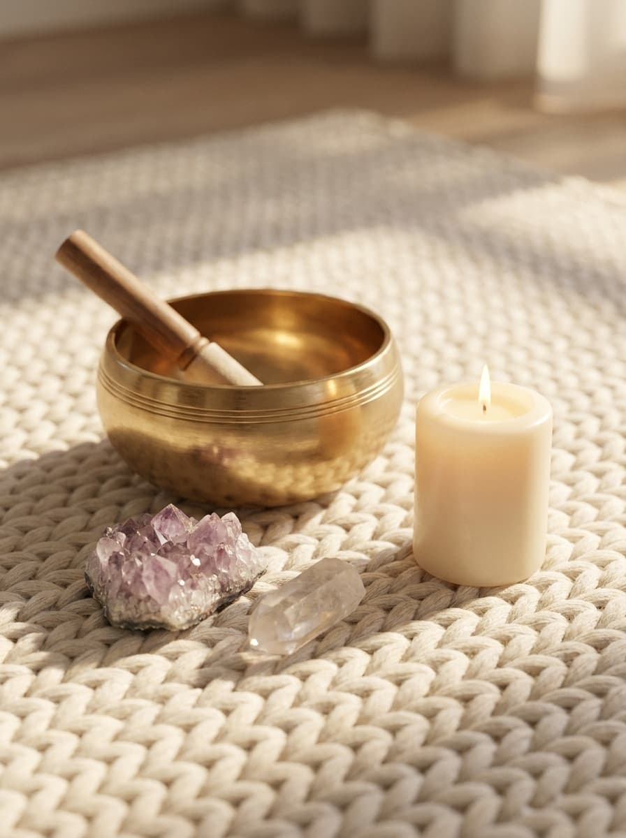A brass singing bowl with a wooden mallet, an amethyst cluster and a clear quartz point, and a lit ivory candle arranged on a cream knit rug in soft light