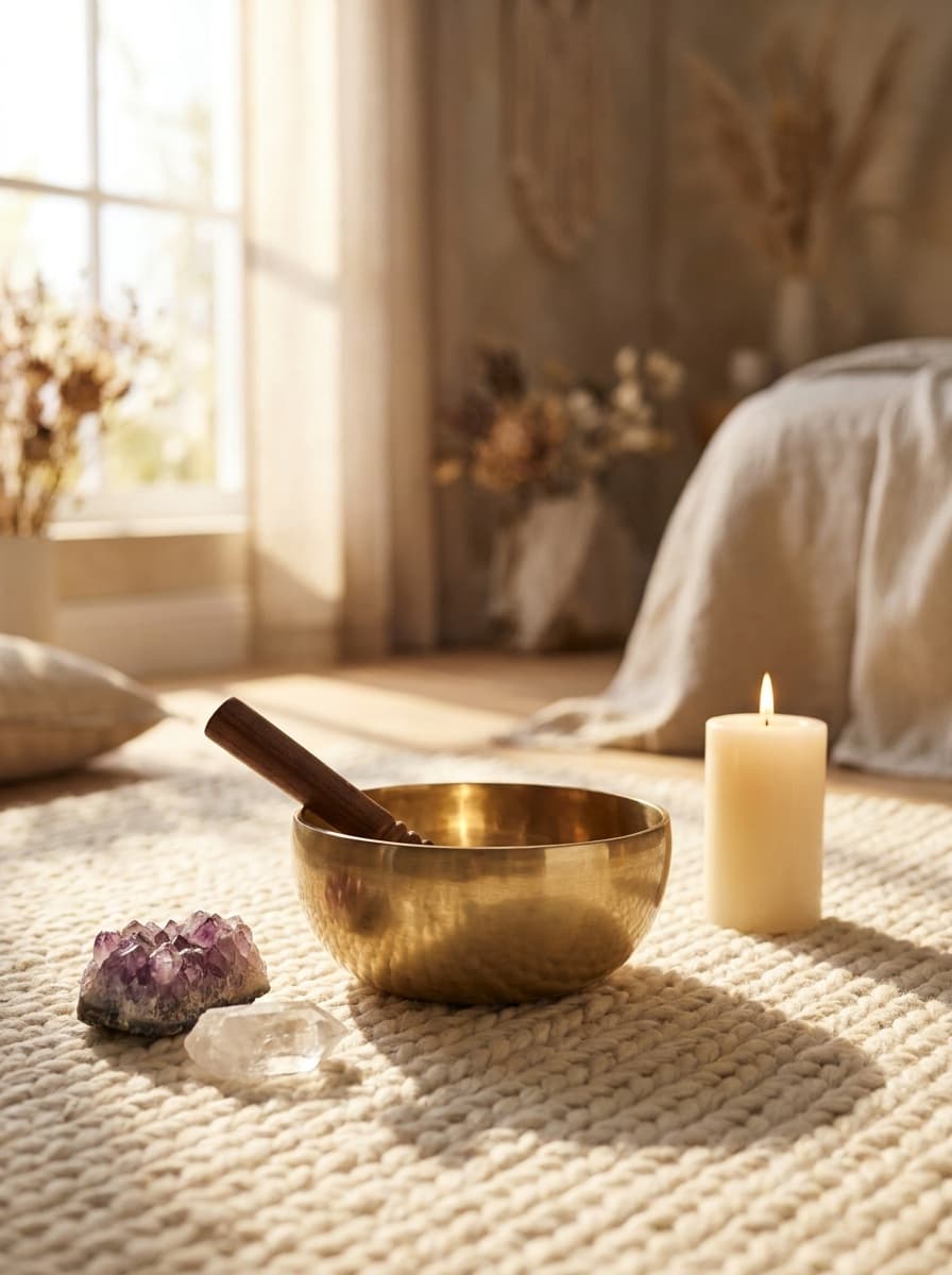 A brass singing bowl, amethyst and quartz crystals and a lit candle on a woven rug in a sunlit room with dried botanicals and soft linen