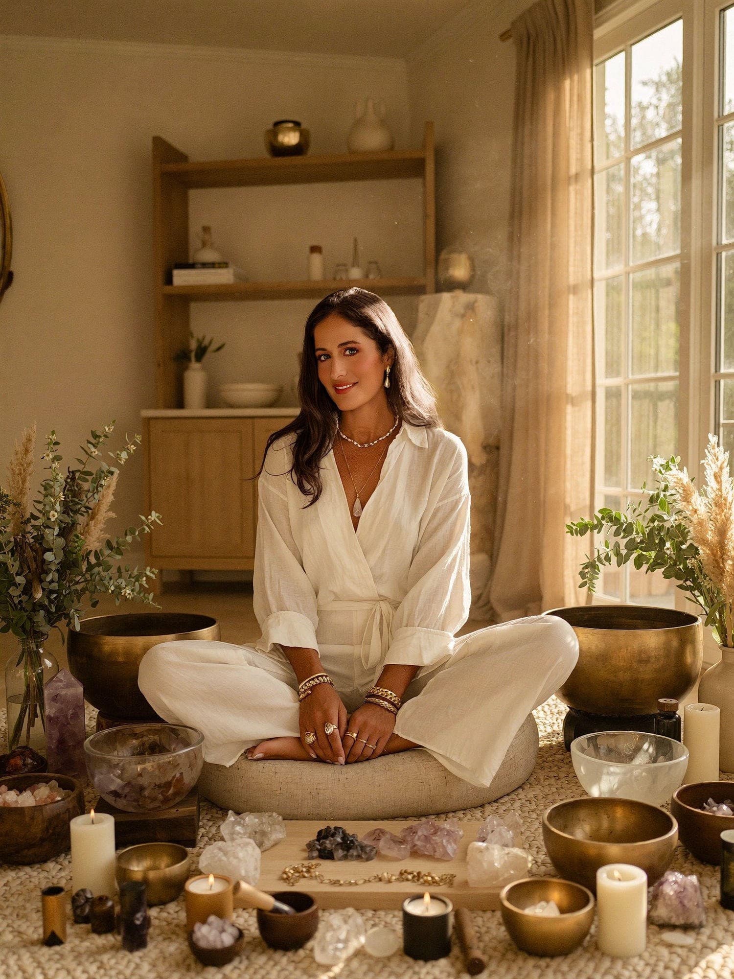 Charlotte in a serene meditation space — presence and stillness